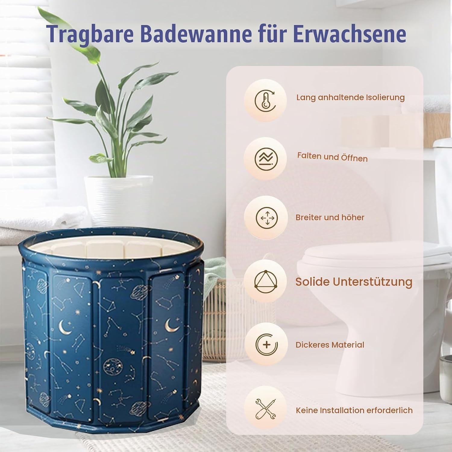 Vasca da bagno pieghevole per adulti, 80 x 65 cm, portatile, con cuscino da seduta, tubo di scarico e borsa portaoggetti, pareti isolate per ritenzione del calore, doppi fori di drenaggio, per doccia