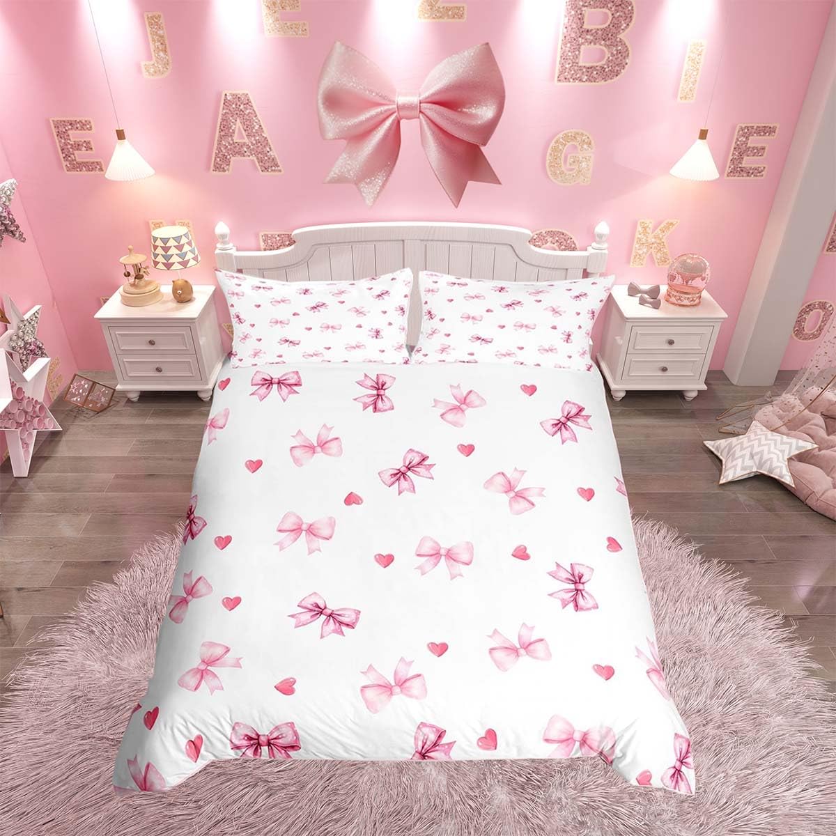 Homemissing Kawaii Pink Bow Kids Bedding Set,Boys Girls Single Size,Cute Coquette Bow Knot Duvet Cover,Girly Ultra Soft Comforter Cover,Bowknot Bedclothes Princess Style Bedroom Decor