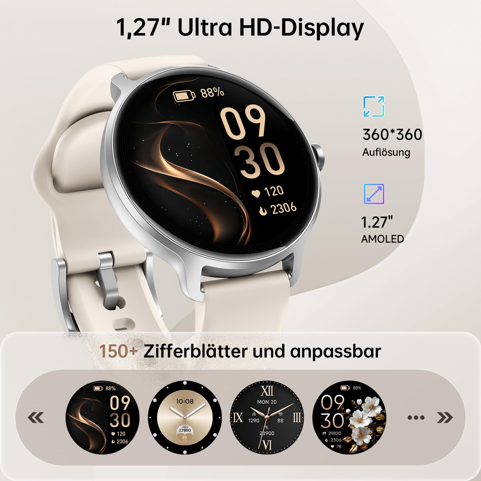 Smartwatch Damen Herren Rund, 1.27" AMOLED Smart Watch mit Telefonfunktion, Fitnessuhr Damen mit Pulsuhr Schlafmonitor Schrittzähler, 120+ Sportmodi, IP68 Wasserdicht Sportuhr für Samsung iOS Android