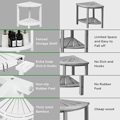 Miniatura 7 de Ollieroo 2-Tier Bamboo Corner Shower Stool for Shaving Legs, Waterproof Shower Bench with Storage Shelf and Soap Dish, Shower Chair for Inside