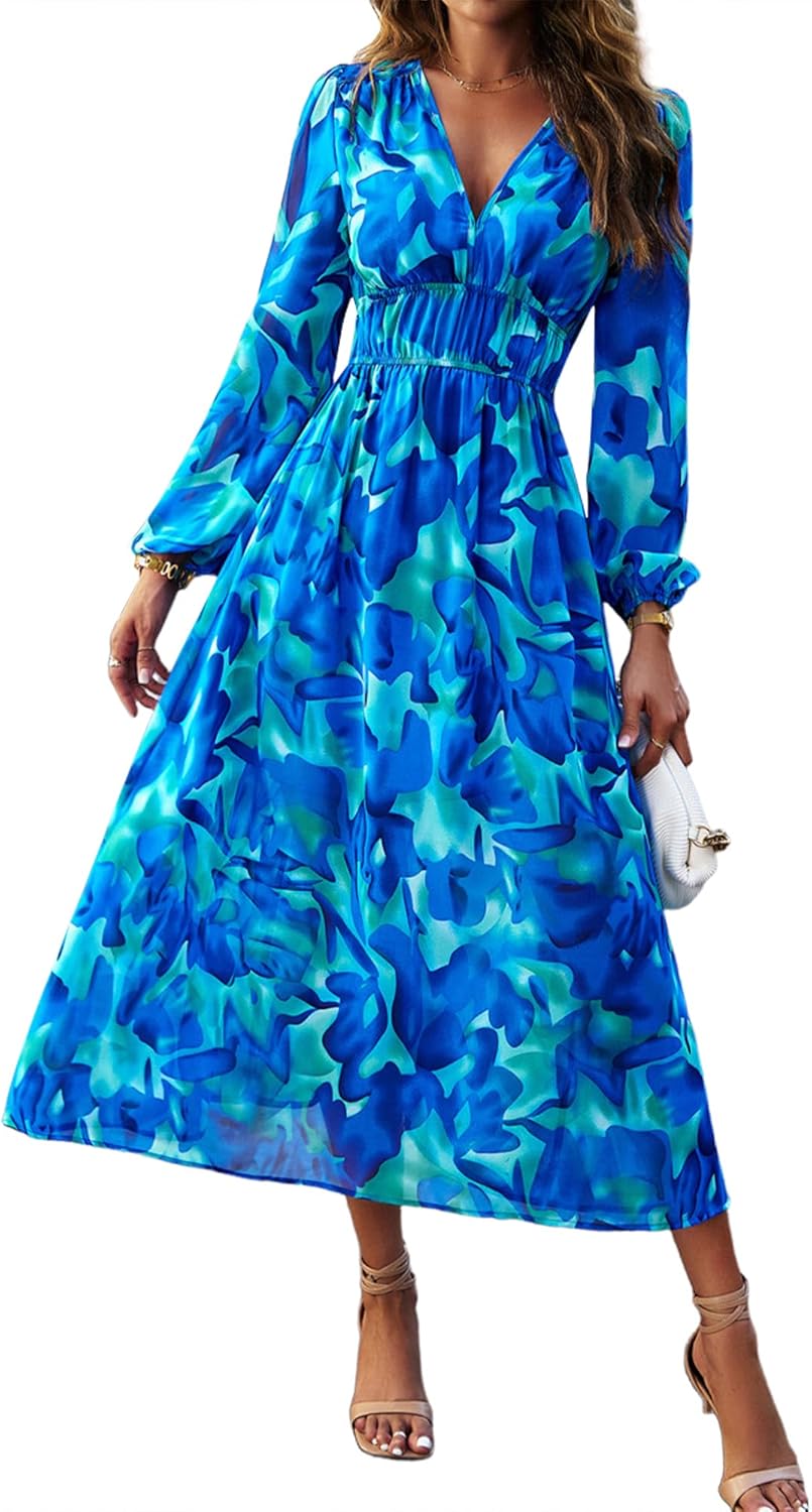 UEAL Womens Floral Flowy Wrap V Neck Midi Dress Short Sleeve Elastic Waist Casual Spring Summer Dresses for Women 2025