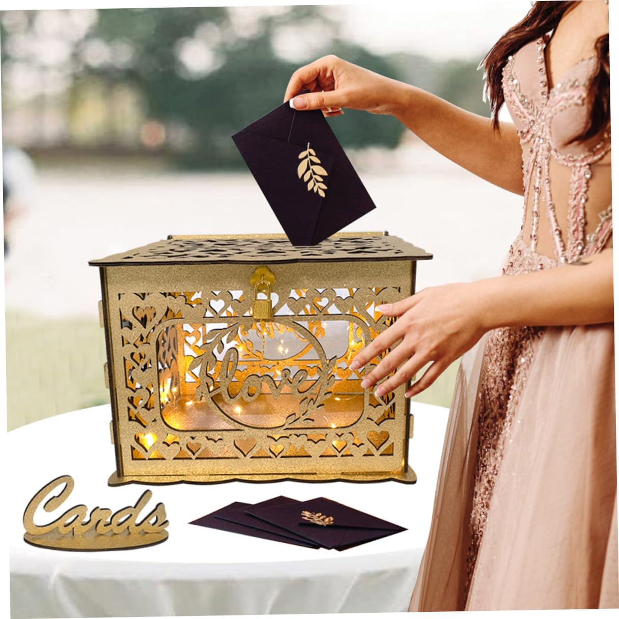 Sewroro Wooden Hollow Wedding Reception Card Box with Glitter Finish, Envelope and Greeting Cards Holder, Anniversary and Birthday Decoration Storage Container for Party Events