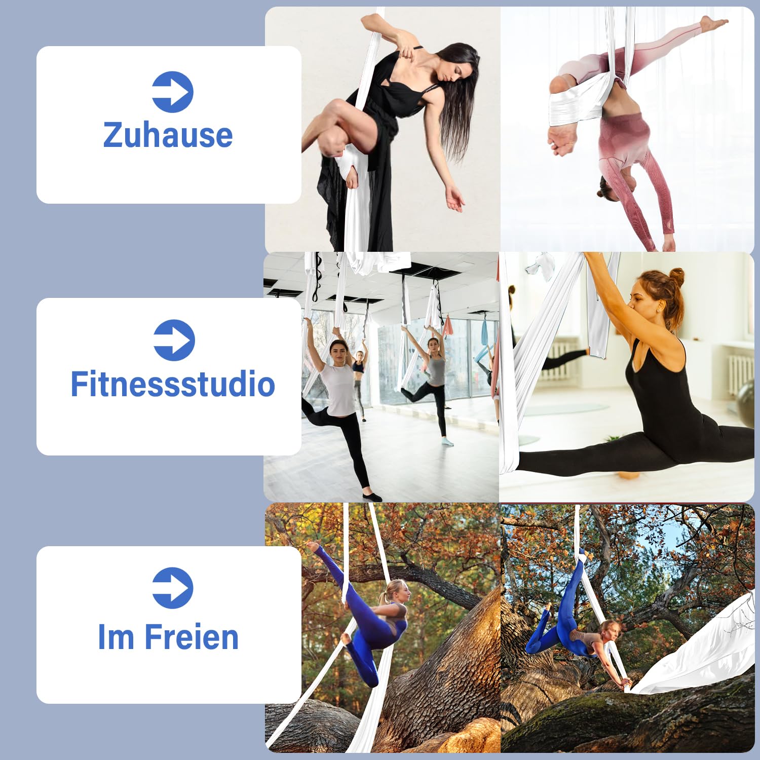 yogatuch Professionell set - 500x200cm Atmungsaktives Tuch für Yoga in der Luft, Yoga Swing, Anti-Rutsch, Hohe Tragfähigkeit (bis 300kg) - Inkl. Karabiner & Aufbewahrungstasche