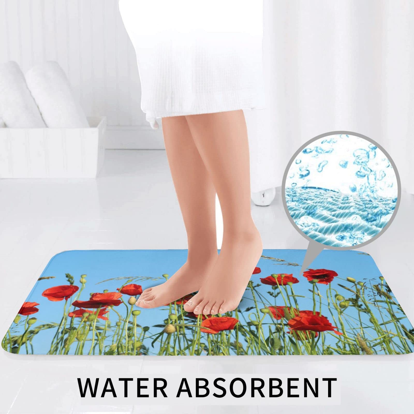 Set di tappetini da bagno con stampa di papaveri su cielo blu, 3 pezzi inclusi tappetino contorno tappetini assorbenti da bagno copriwater per bagno