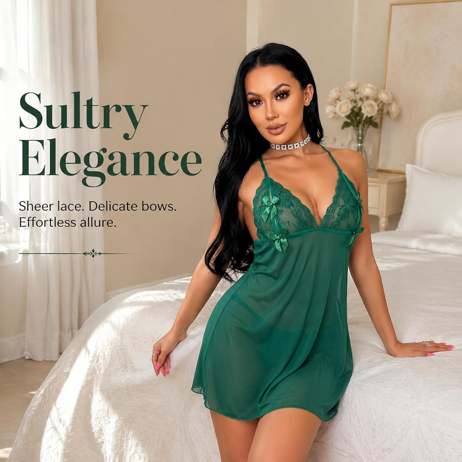 Green Sexy Lace Babydoll Lingerie Set for Women Sheer Mesh Bows