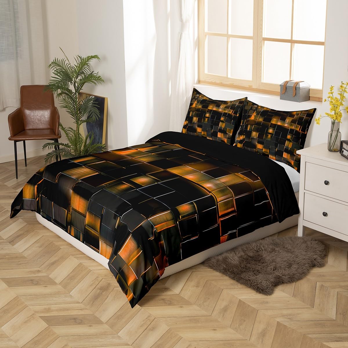 Homewish Black Pastel Orange Duvet Cover Modern Geometric Comforter Cover Gradient Neon Cubes Boys King Size Bedding Set,Abstract Square Grid Bed Set Lattice Wall Brick Decor - Image 3