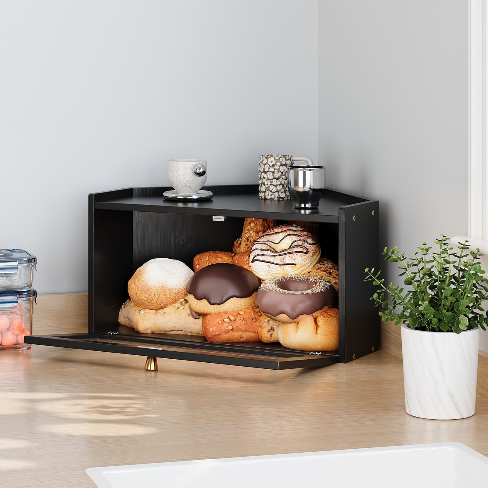 VEDECASA Boîte à pain d'angle en bambou pour la cuisine Grand bac à pain avec porte en acrylique Économisez de l'espace dans la cuisine avec ce bac à pain de style vintage pour le pain fait maison