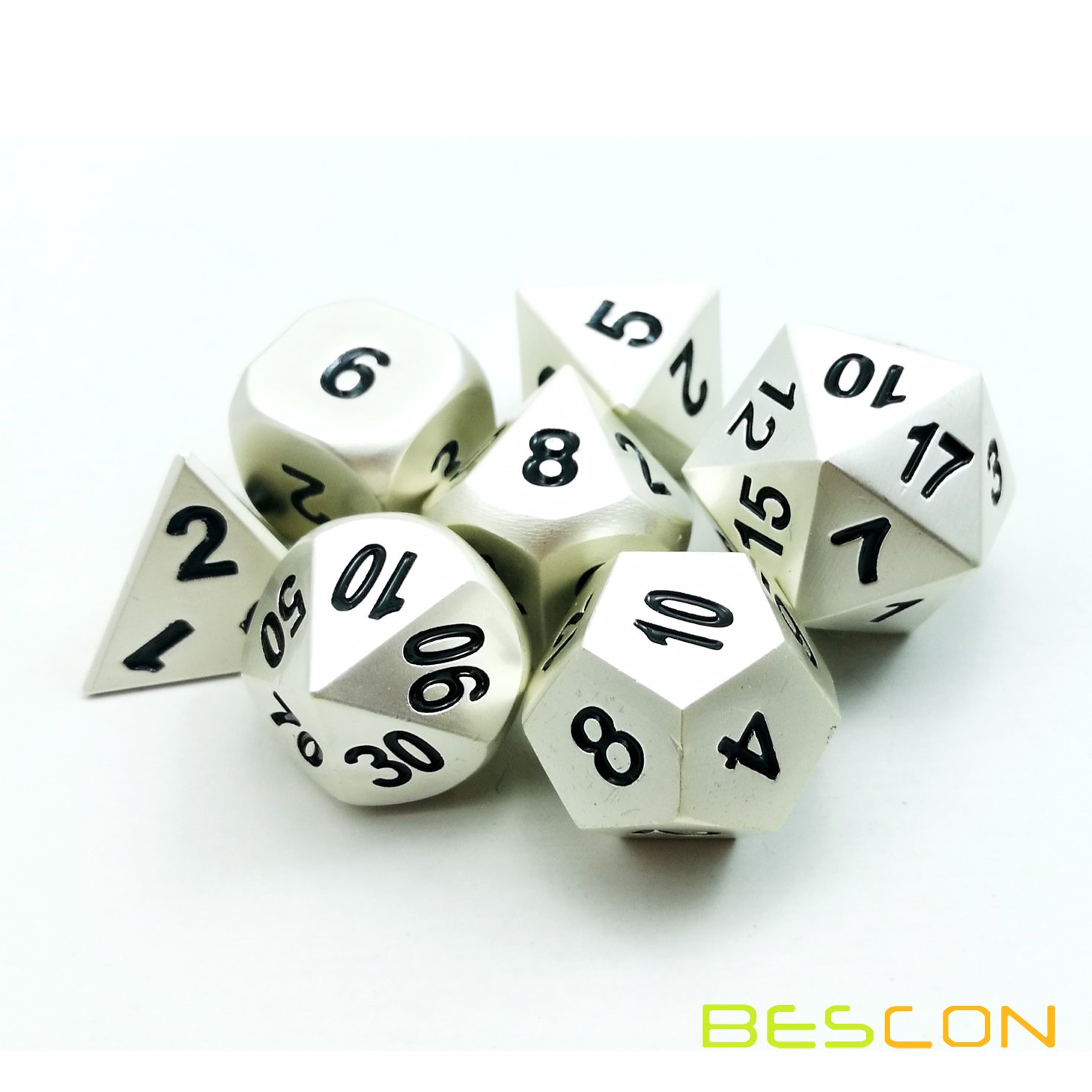 Amazon | Bescon RPG Metal Dice Set of 7 Matt Pearl Silver Effect
