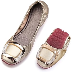 KUNWFNIX Women's Ballet Flats Crystal Wedding Ballerina Shoes Foldable Sparkly Comfort Slip on Flat Shoes 7 #10-gold