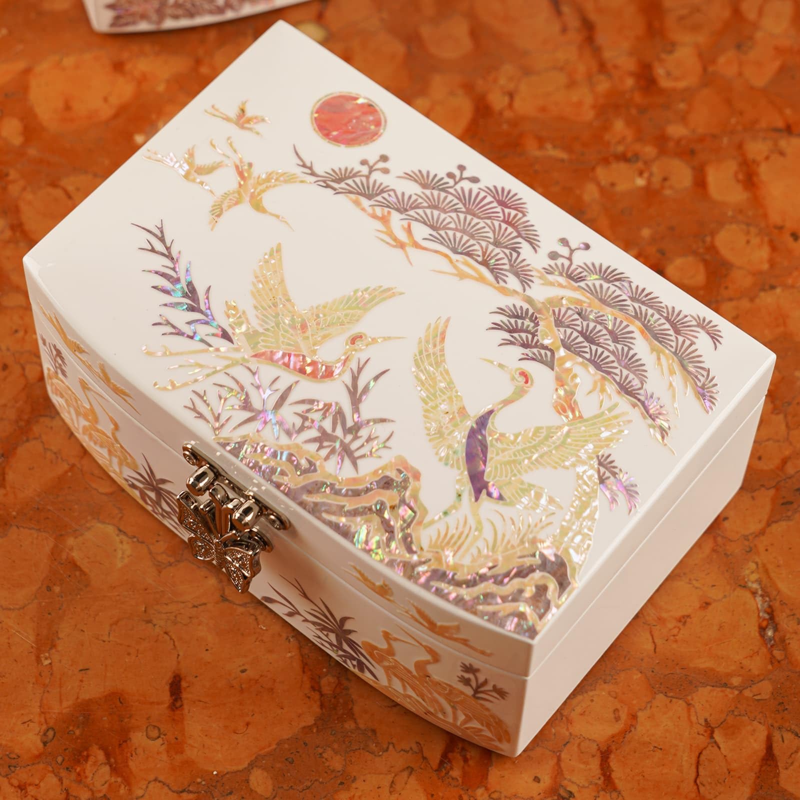 February Mountain Schmuckkästchen aus Perlmutt für Damen, Mädchen, Ehefrau, für Ohrringe, Armbänder, Ringe, Uhren, Jahrestag, Geburtstag, Weihnachten, Geschenke für Frauen (White_Crane)