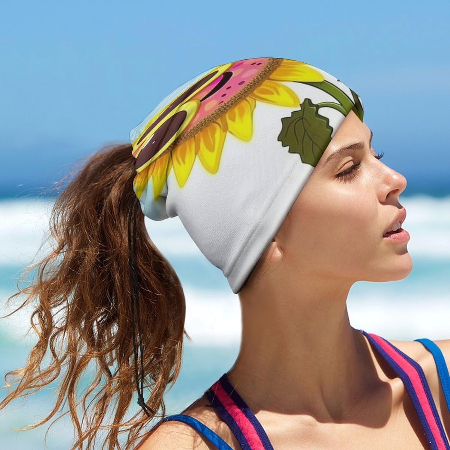Cartoon Sunflower Neck Gaiter Face Mask with Drawstring, UV Protection Balaclava Breathable Ski Mask for Cycling Hunting Running Hiking, Multi Headwear for Men Women