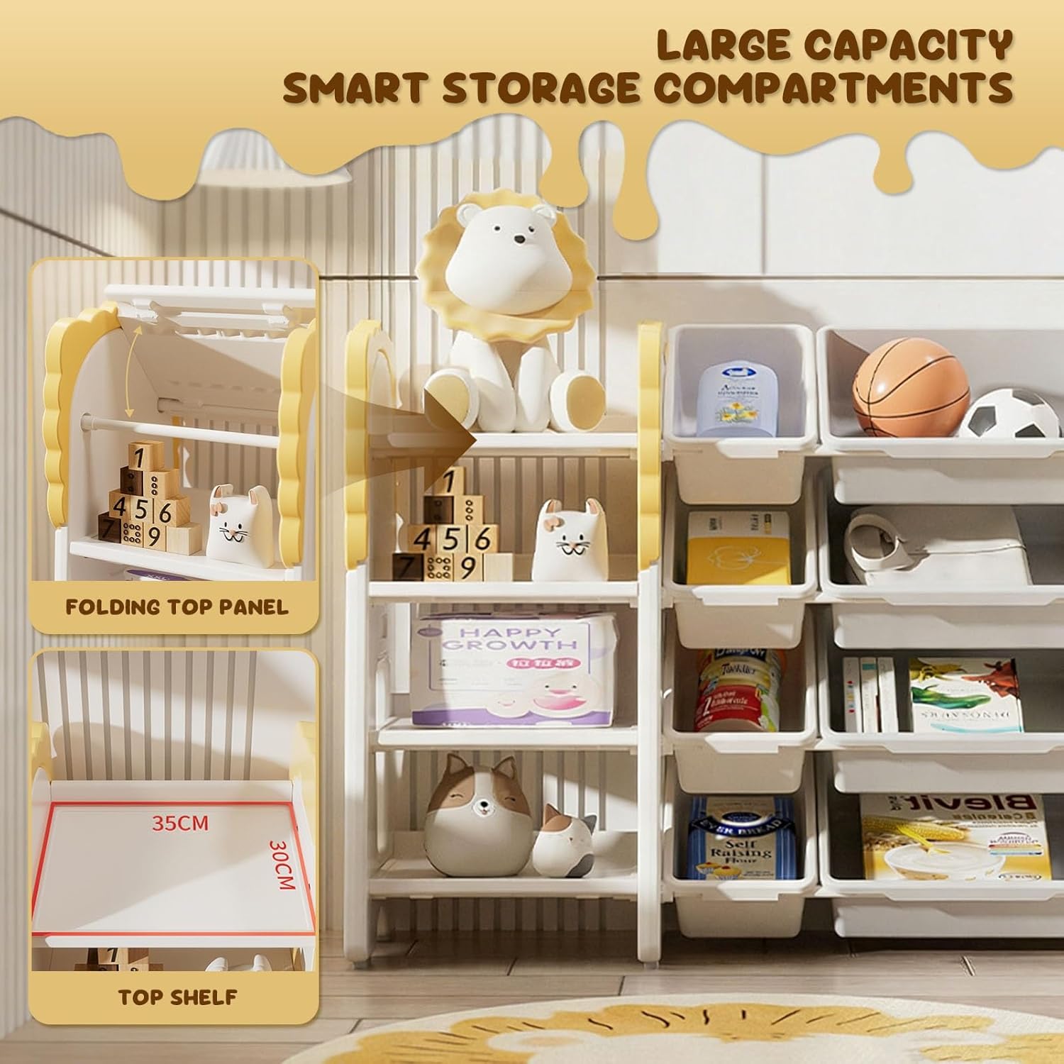 Toy Storage Organizer with Bookshelf Kids Playroom Organization with 3 Shelves and 6 Toy Bins Children's Storage Cabinet for Kids Room, Bedroom, Nursery(Yellow)