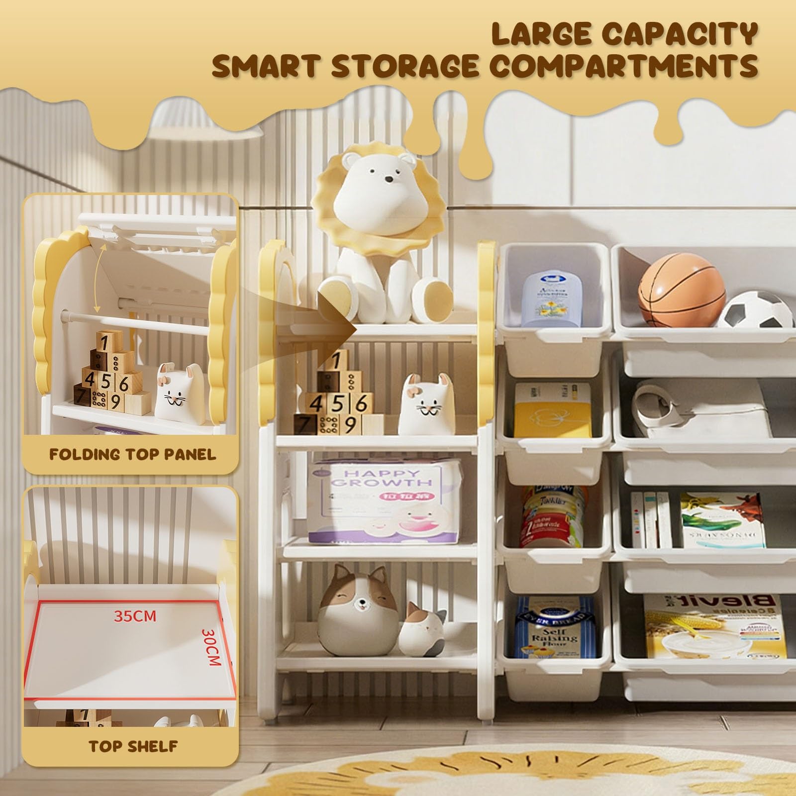 Contenitore per Giocattoli con Scaffale Soluzione D'arredo per la Stanza Dei Giochi con 3 Ripiani e 6 Contenitori per Giocattoli Mobile Contenitore per Bambini(Yellow)