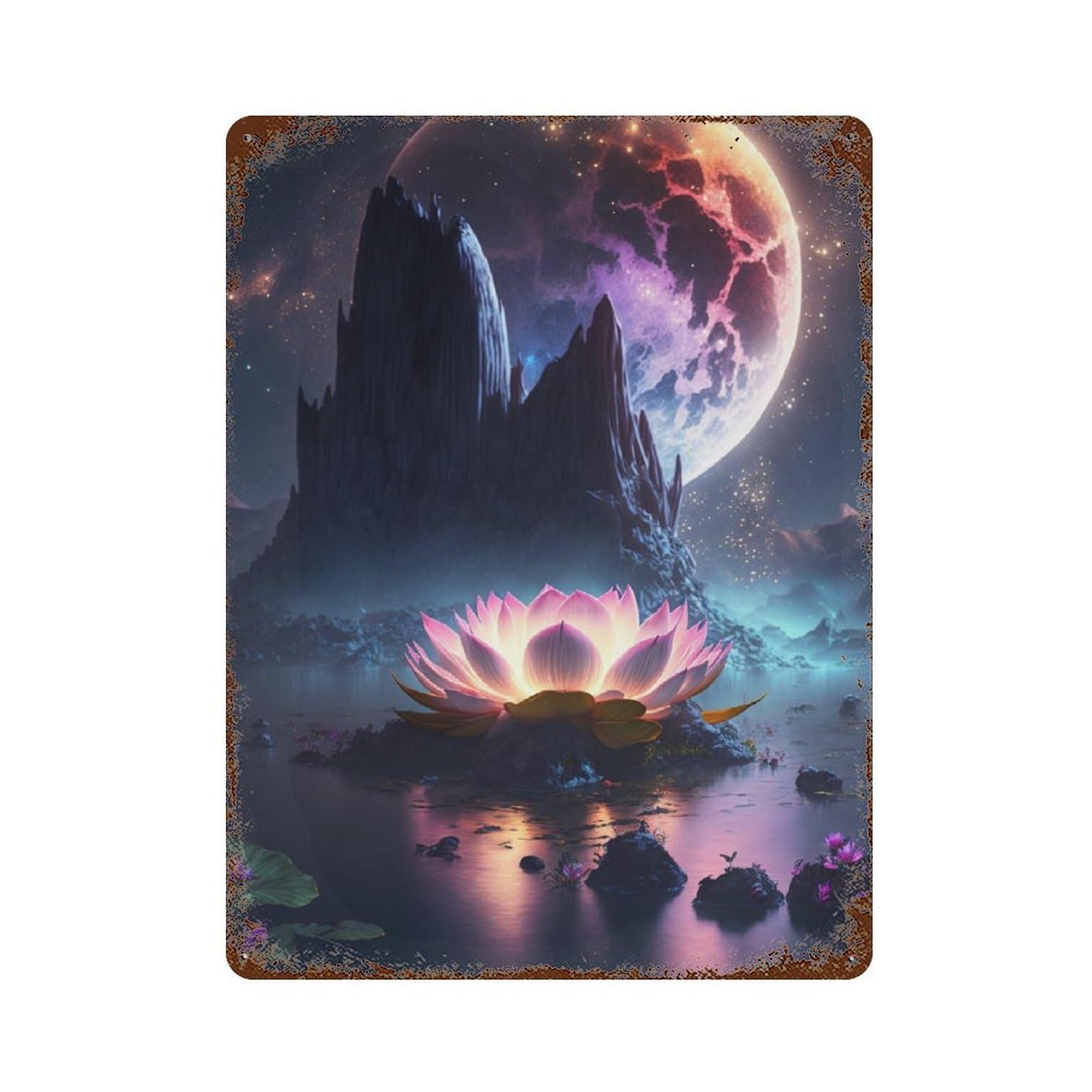 Enchanted Lotus Pond with Full Moon Weathered Tin Sign 15.7"x11.8", for Shed, Workshop And Garage Wall Decor, Decorative Metal Wall Art