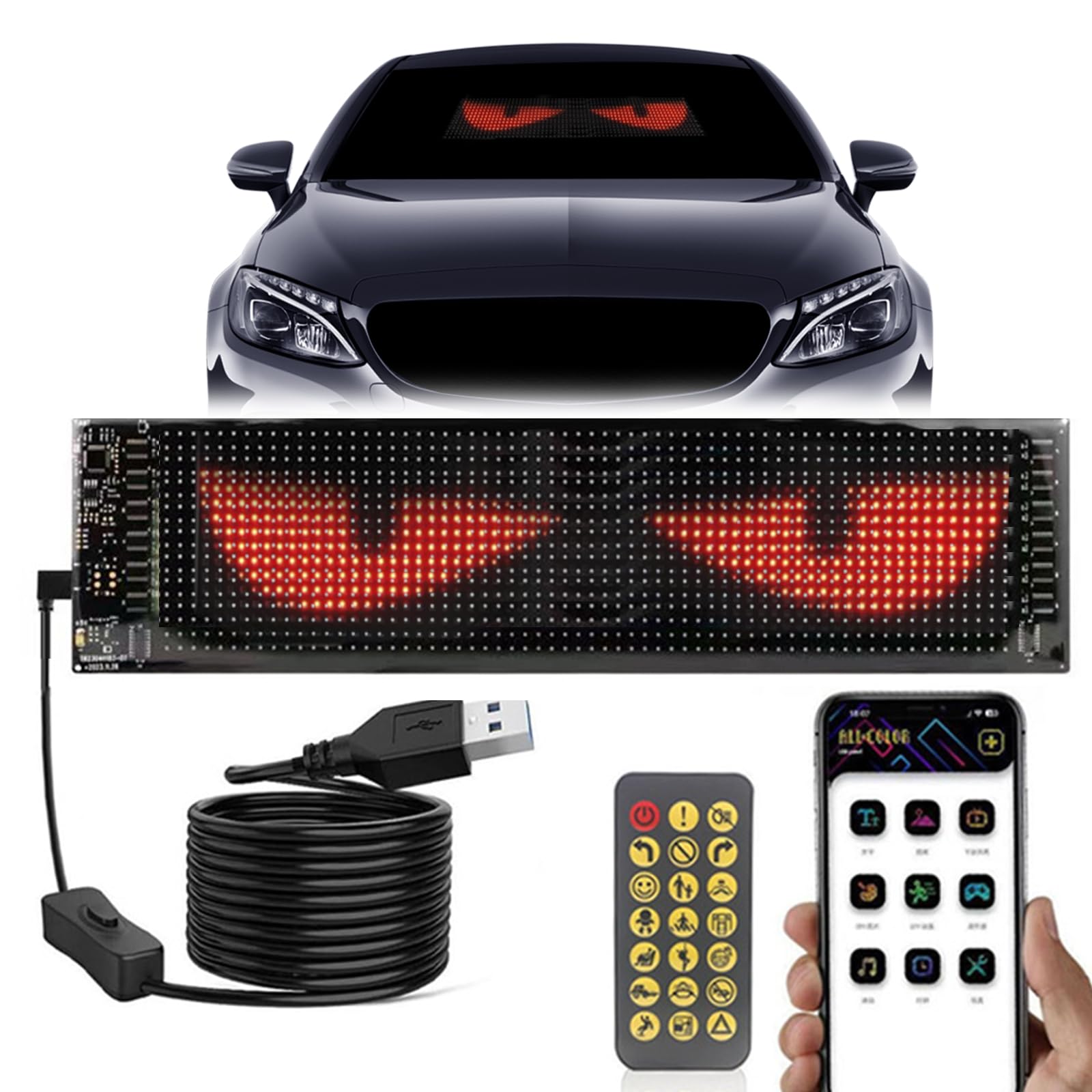 14.72x3.6in Programmable Devil Eyes LED Screen for Car Windshield - Flexible Dynamic Display Panel with Custom Patterns, Soft LED Light Strips for
