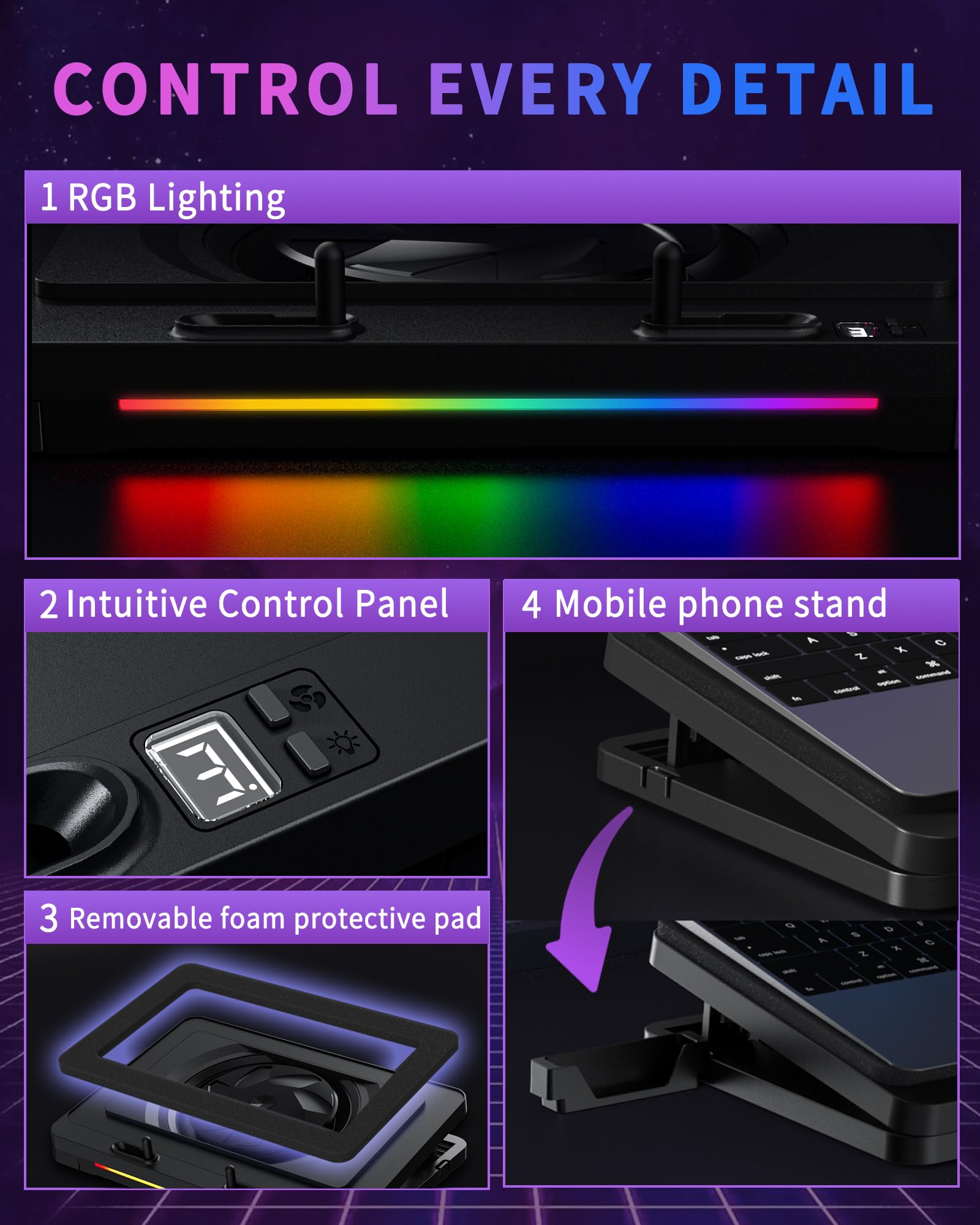 LP-3 Gaming Laptop Cooling Pad, Potente Turbo-Fan 180+ CFM RGB Laptop Cooler, silenzioso supporto ventola di raffreddamento per laptop con cuscinetti antiscivolo, altezza regolabile, controllo a 3