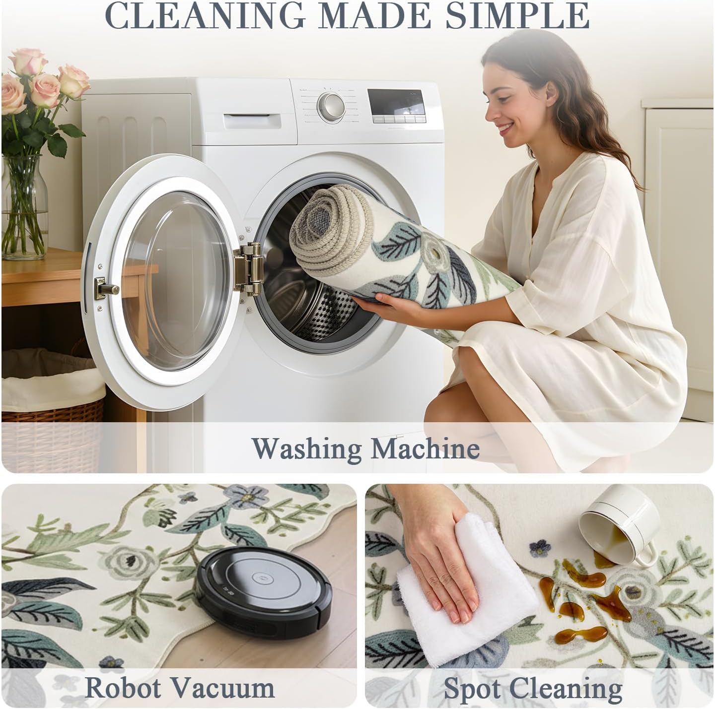 BSICPRO Floral Entryway Area Rugs, 2x3 Washable Vintage Door Mat Indoor Entrance, Non Slip Low Pile Throw Rug for Entrance, Bedroom, Kitchen, Laundry, Bathroom (Creamy White) - Image 7