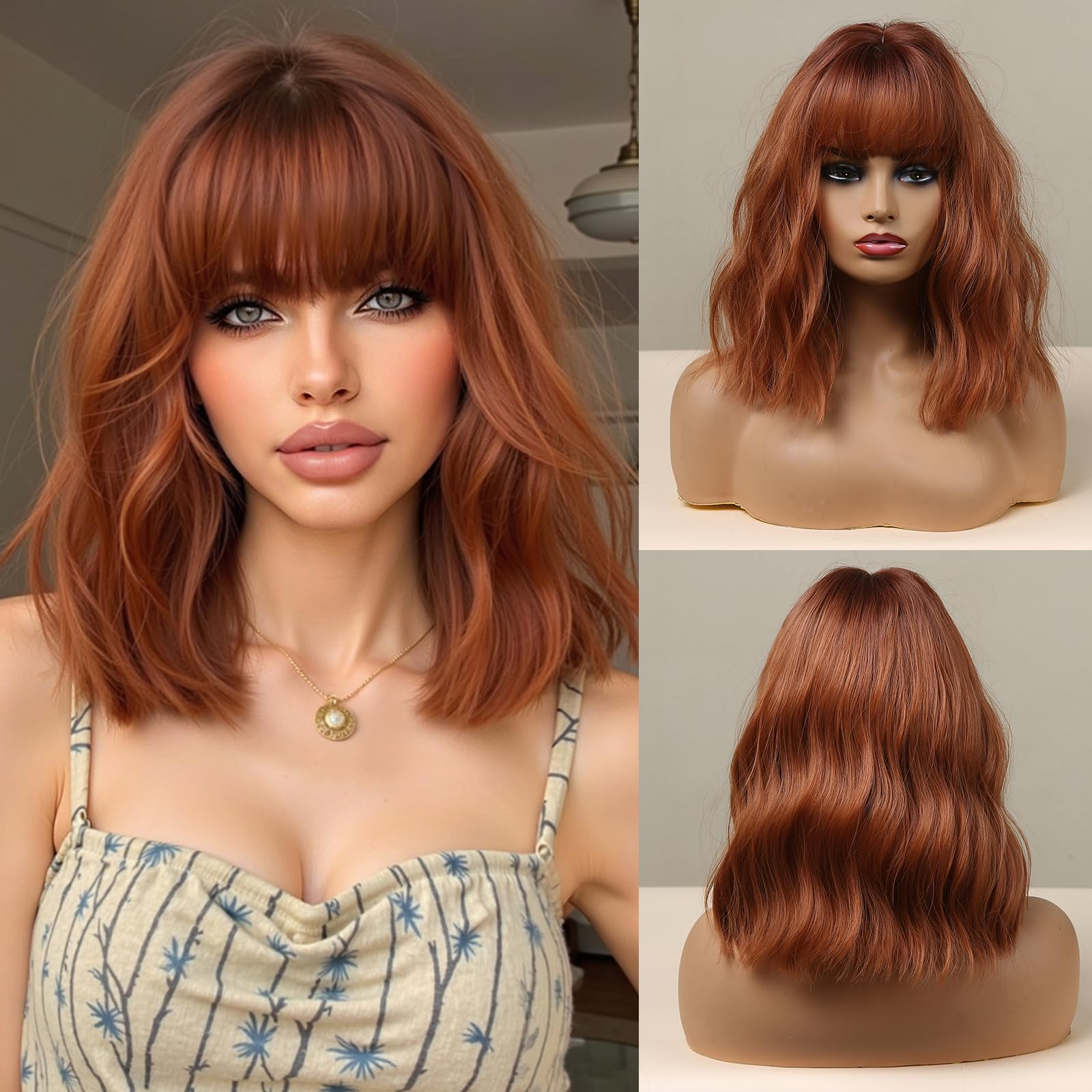 Esmee 14 Zoll Kurz Rotbraun Perücke mit Pony für Frauen Natürliche Synthetische Haare Ombre Perücke mit Dunklen Wurzeln Locker Gewellt Perücken für Cosplay Tägliche Party Tragen