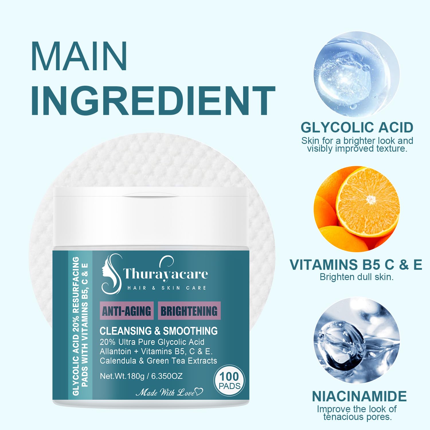 Glycolic Acid 20% Exfoliating Pads – Anti-Aging Face Pads with Vitamins B5, C, E, Allantoin & Niacinamide – Resurfacing, Brightening & Pore Cleansing – 100 Count - Image 5