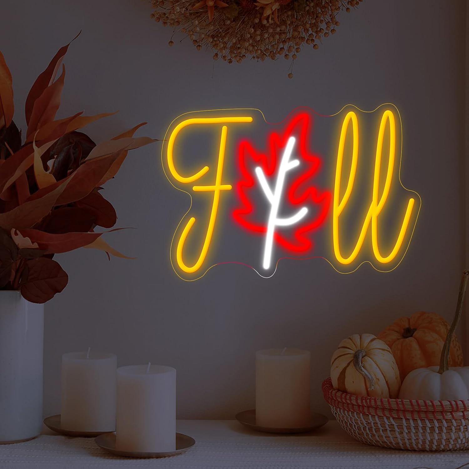 Thanksgiving Fall Neon Sign, Dimmable Autumn Maple Leaf LED Neon Sign for Wall Decor, USB Powered Thanksgiving Neon Light for Home, Harvest Celebrate Party Holiday Gifts, 13.8 × 9.1 Inch