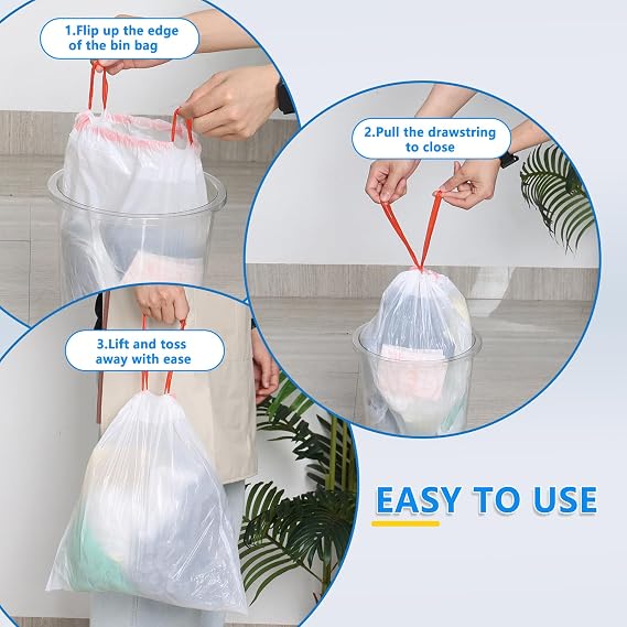 Ggbin Small Drawstring Garbage Bags, 2.6 Gallon Trash Bin Bag Liner, White