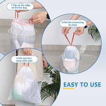Ggbin Small Drawstring Garbage Bags, 2.6 Gallon Trash Bin Bag Liner, White