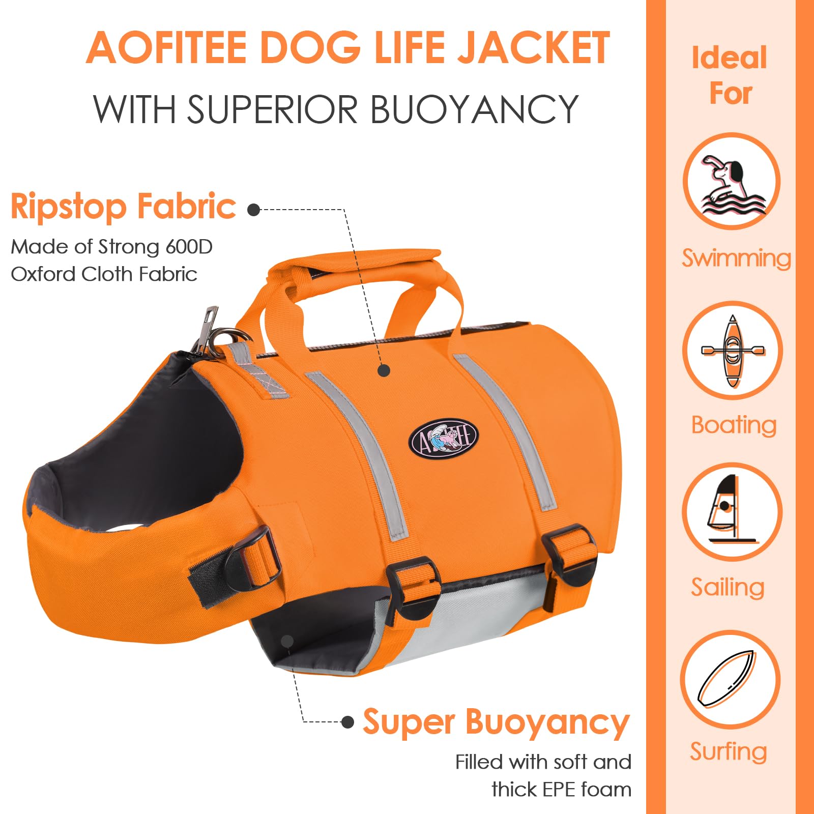 AOFITEE Chaleco Salvavidas para Perro, Chaleco Salvavidas Ripstop para Nadar con Alta Flotación, Traje de Baño Reflectante para Perros con Asa de Rescate y Cremallera, Chaleco de Natación para Perros