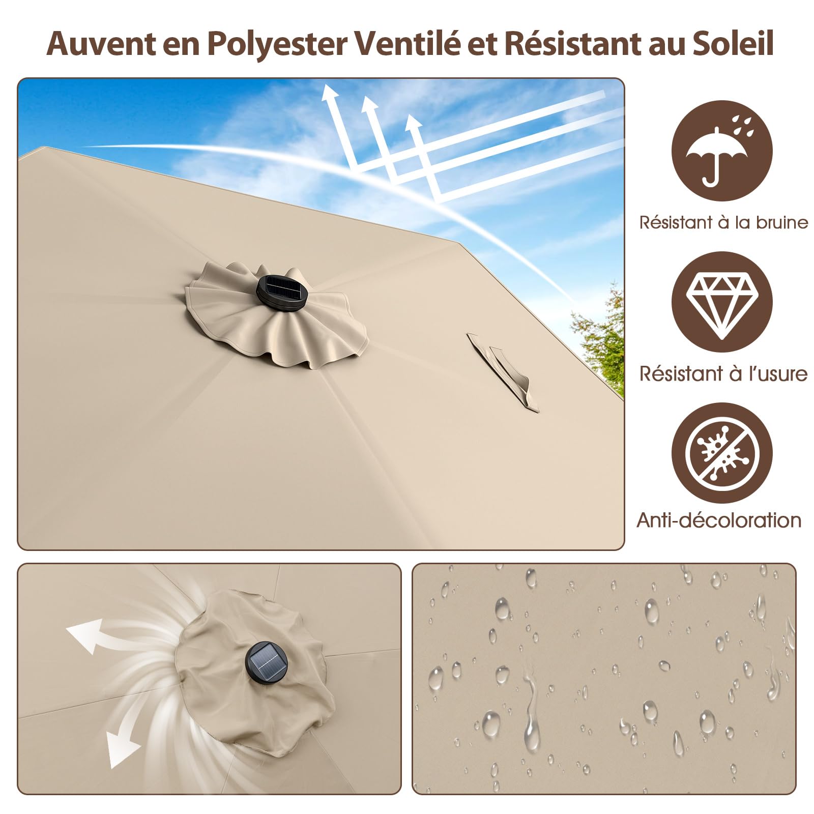 Parasol Déporté 3m Avec 24 LED Solaires – Inclinable à 35° – Manivelle Facile – Toit Ventilé – Pour Terrasse, Jardin, Piscine