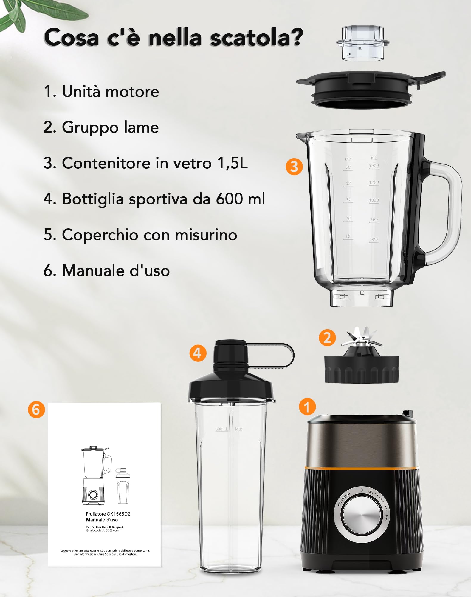 Frullatore 1000W, Frullatore Elettrico Multifunzione 2-in-1, Mixer Cucina Bicchiere in Vetro 1,5L e Bottiglia Portatile 600ml, Lama Acciaio Inox per Ghiaccio, Auto-Pulizia, Regolazione Velocità
