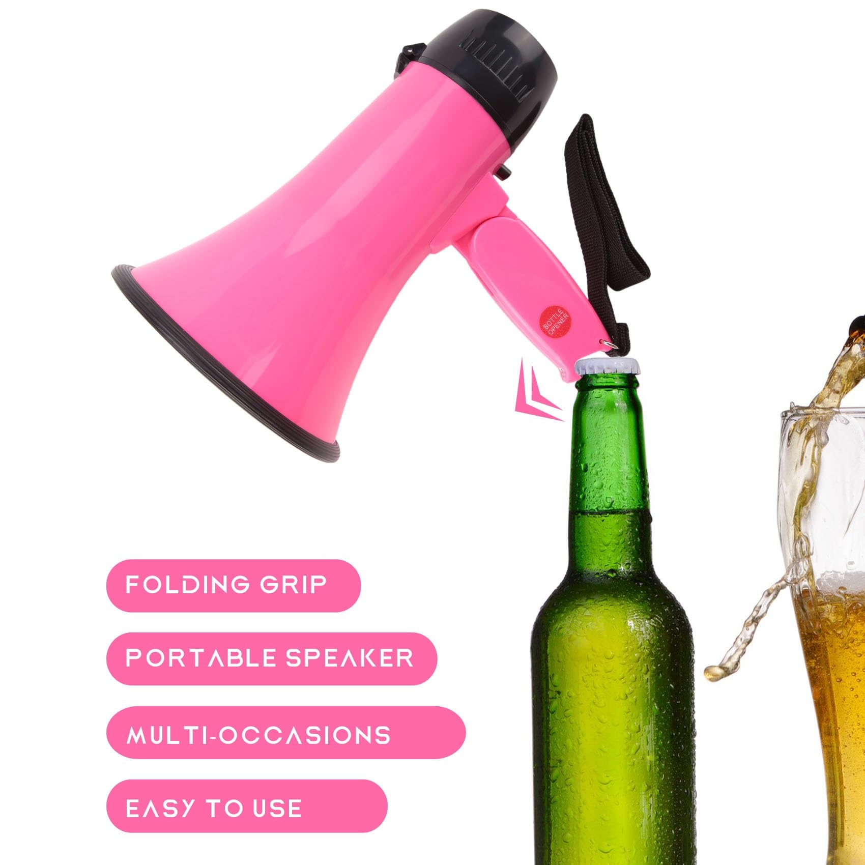 Altavoz Megáfono PA Bullhorn 25W Sirena Grabadora Voz Abrebotellas Rosa