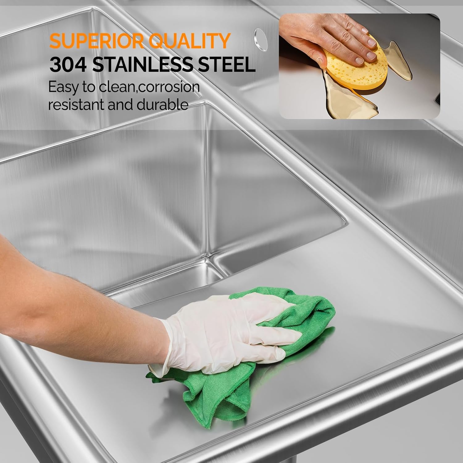 ROVSUN Commercial Sink, Stainless Steel with 3 Compartment and Right Side Drainboard, 43.9" x 20" x 43.3" Freestanding Kitchen Utility Sink, Bowl Size 10" x 14" x 10", Silver
