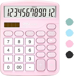 Calculator, Deli Standard Function Desktop Calculators with 12 Digit Large LCD Display and Sensitive Button, Solar Battery Dual Power Office Calculator, Pink
