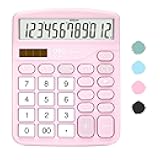Calculator, Deli Standard Function Desktop Calculators with 12 Digit Large LCD Display and Sensitive Button, Solar Battery Dual Power Office Calculator, Pink