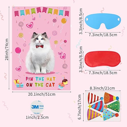 Miniatura 2 de Hxezoc Pin The Hat on The Cat Party Games para niñas, póster grande de juegos de gatos para niños, decoración de fiesta de cumpleaños con temática
