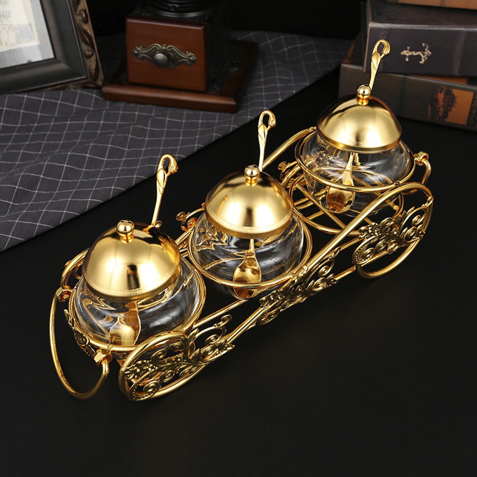 3 Piece Set European Style Gold Sugar Jar with Lid Spoon Polished Glass Seasoning Jar Condiment Pot for Hotels Restaurant