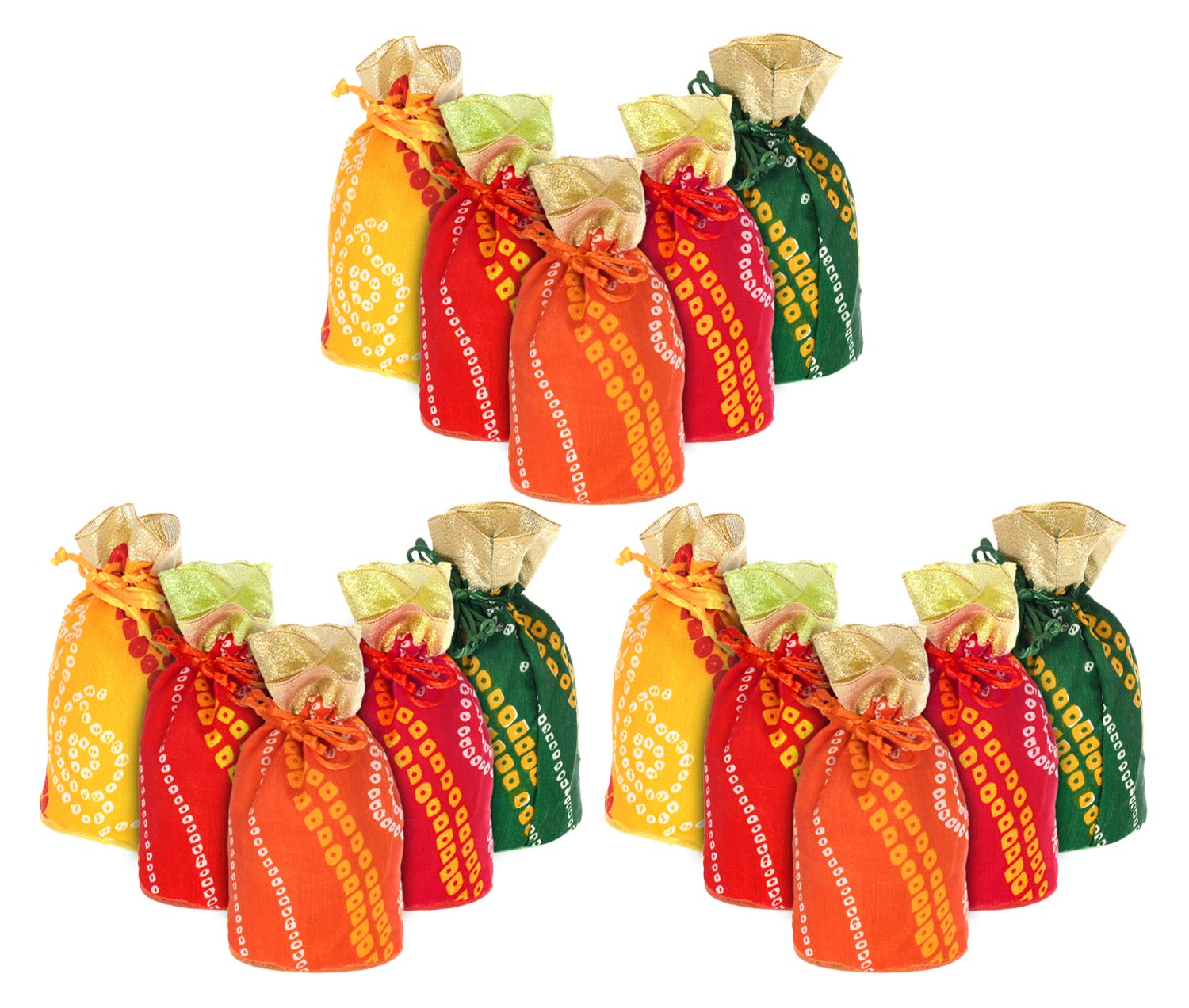 Multiuses Bandhej Print Potli Bag for women with Drawstring Set of 15 (Assorted)