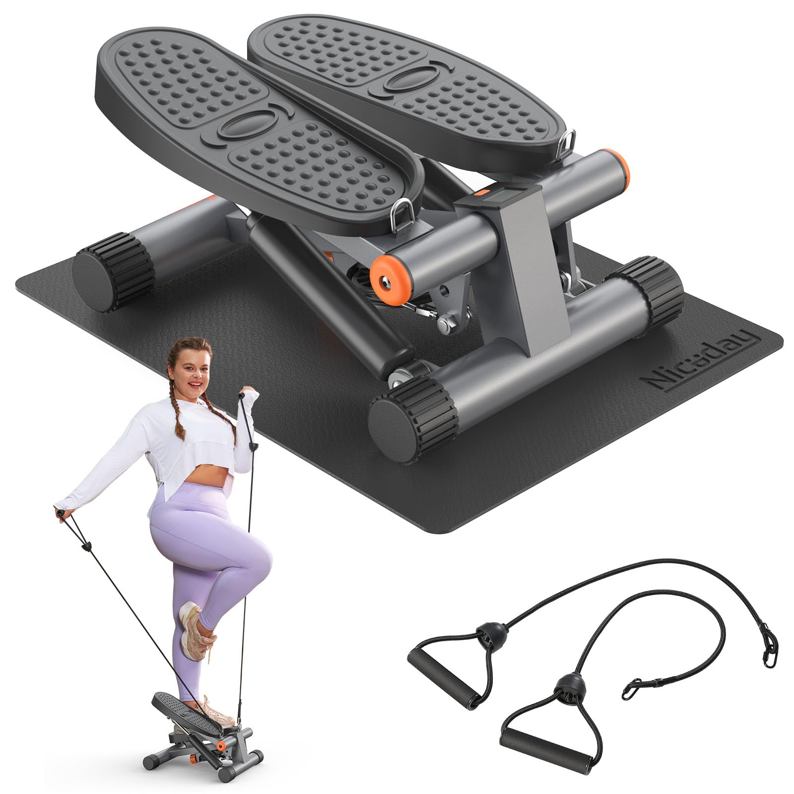 Niceday Steppers for Exercise, Stair Stepper with Resistance Bands, Mini Stepper with 300LBS Loading Capacity, Hydraulic Fitness Stepper with LCD Monitor
