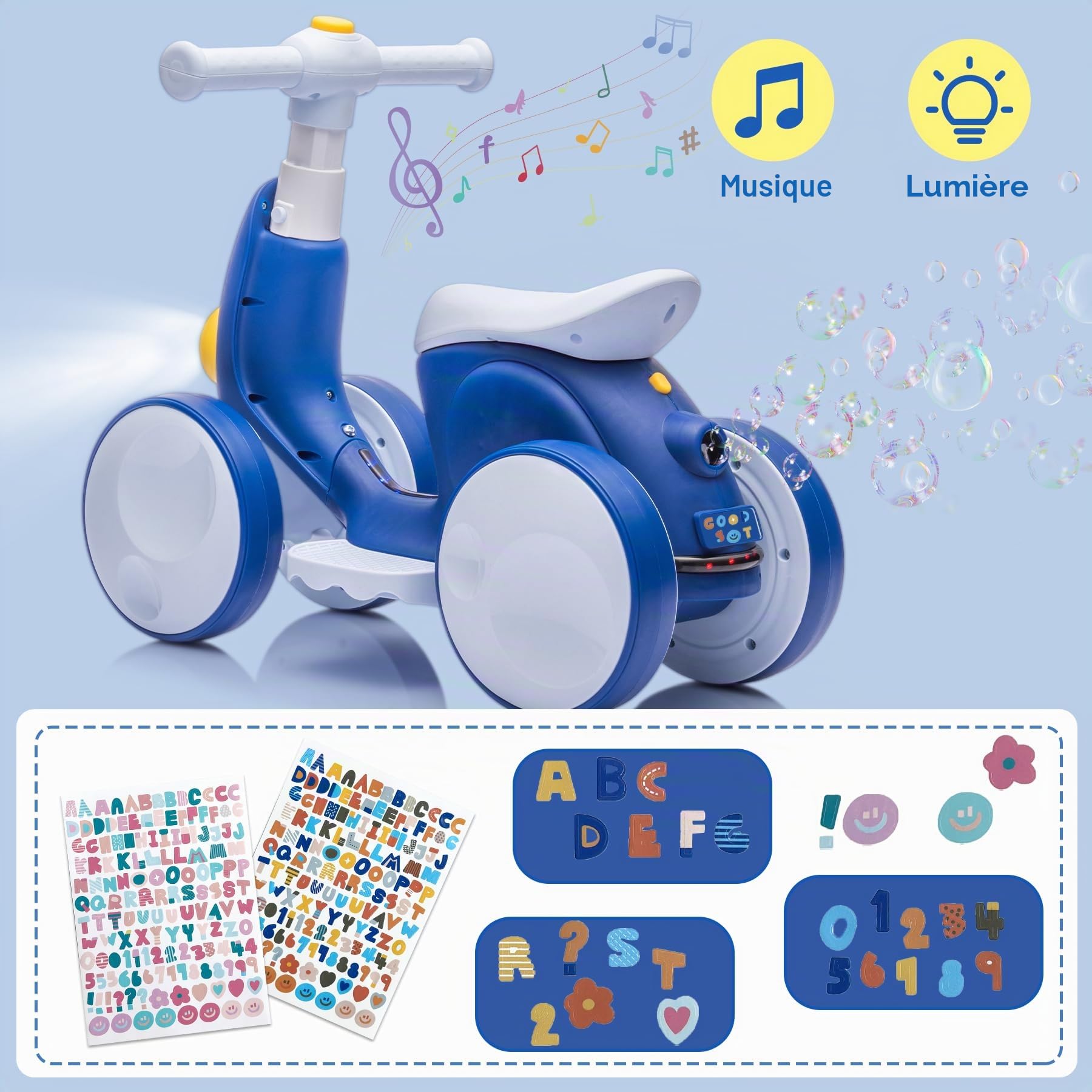 Draisienne Bebe Électrique avec Machine à Bulles pour 1.5-4 Ans, Vélo d'équilibre pour Garçons et Filles avec Musique, Lumières LED, Cadeau pour Anniversaire, Noël, Bleu-Blanc
