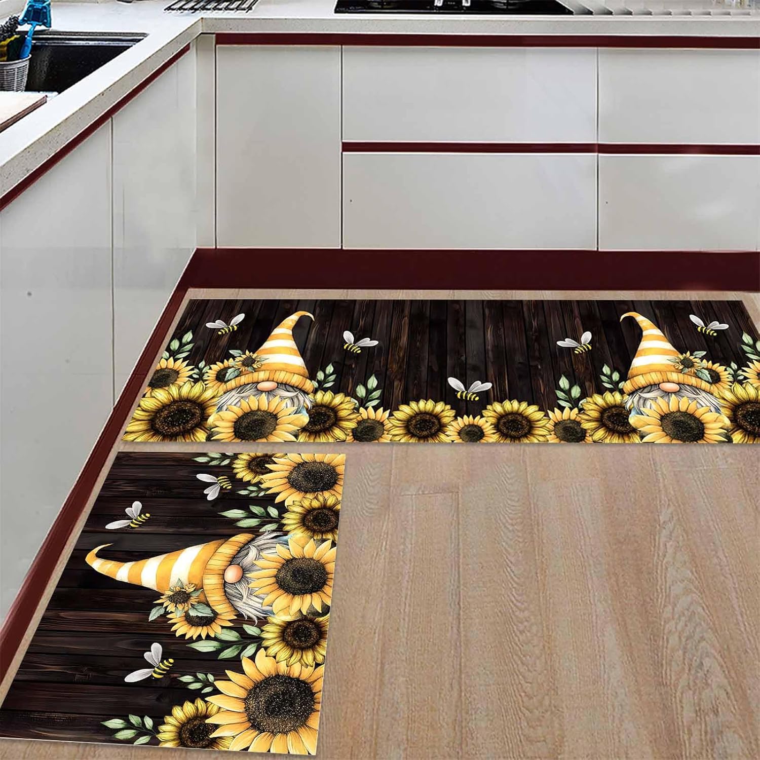 2 Pieces Kitchen Rugs and Mats,Farmhouse Yellow Gnome Sunflower Bee Area Runner Rug Set Non Slip Floor Doormat Washable Carpet Standing Mat for Kitchen Sink Indoor Corridor,Vintage Brown Wood Board
