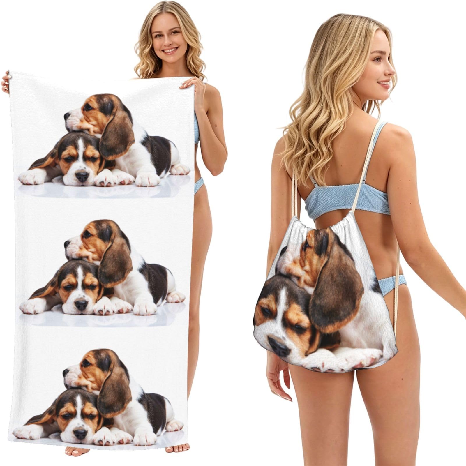 Poadnly As Picture Cute Pets Beagle Puppies Dogs, 2 In 1 Packable Towel Bag, Beach Towels With Drawstring Backpack For Travel Holiday Camping
