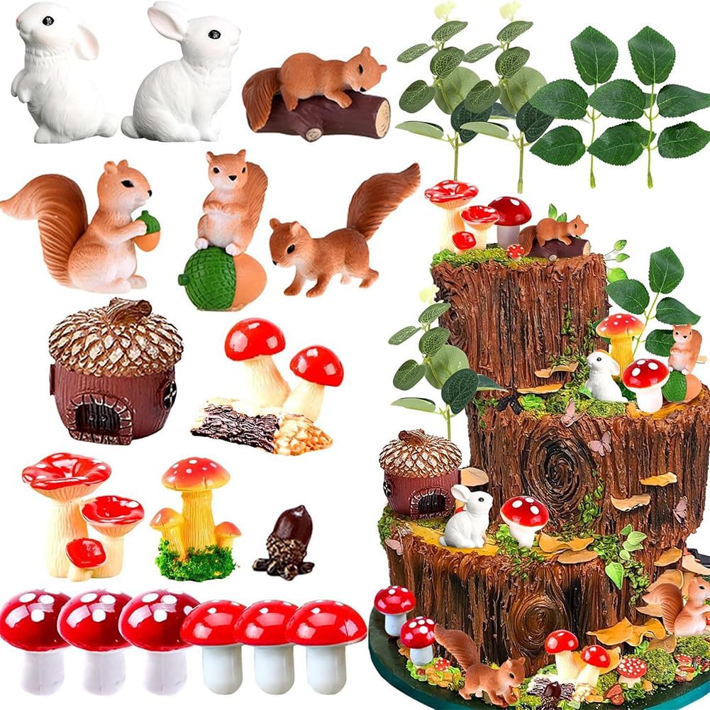 Mushroom Woodland Animal Cake Toppers Woodland Animals Cake Decorations Set Plastic Squirrel Rabbit Pine Cone Plants Micro Mushroom Landscape Decor for Shower Birthday Party