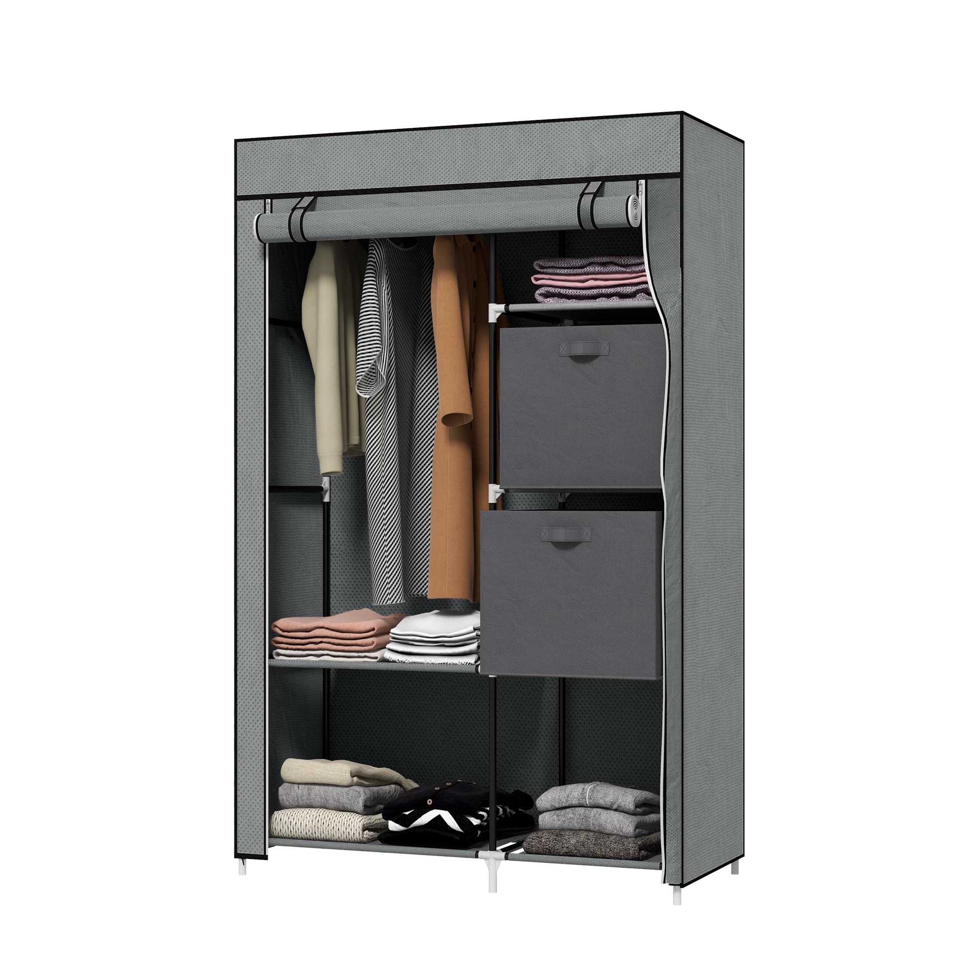 HOMCOM Kleiderschrank Stoffschrank mit Schubladen, Kleiderstange und Reißverschluss, Stoffkleiderschrank Faltschrank für Schlafzimmer, Ankleidezimmer, 102 x 42,5 x 162,5 cm, Dunkelgrau
