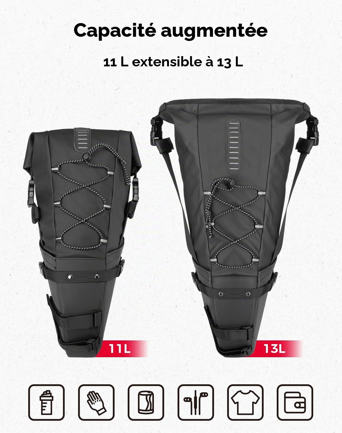KEMIMOTO Sacoche de Selle Vélo Etanche, 11L Sac de Selle Velo avec Réfléchissant, Sacoche de Arrière Vélo pour Velo de Course, Électrique et VTT