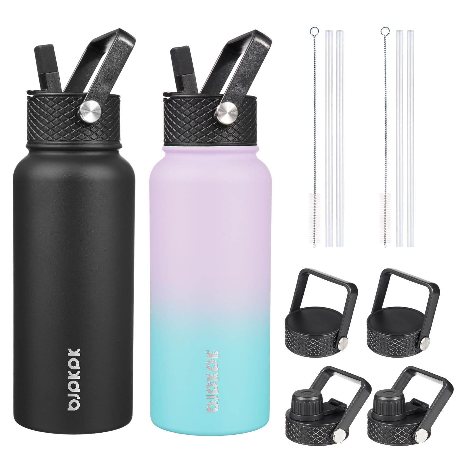 BJPKPK Paquete de 2 botellas de agua aisladas con tapas con popote, botella de agua de metal de acero inoxidable de 32 onzas con 6 tapas, a prueba de fugas, sin BPA, termo para viajes, deportes (oasis
