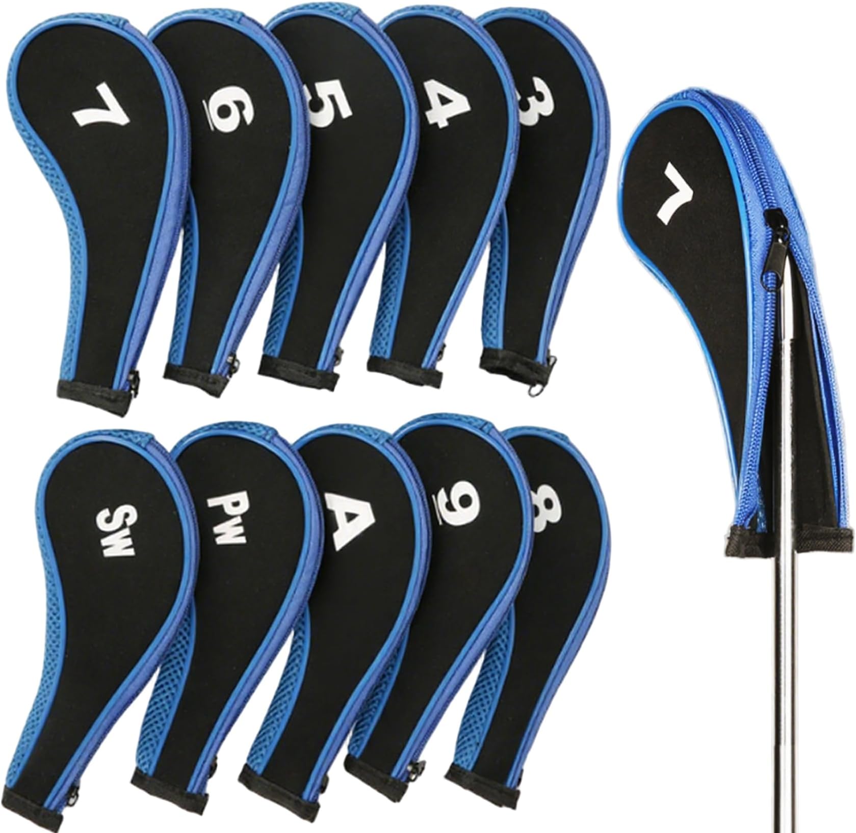 10Pcs Golf Iron Head Covers Blue Protective Zipper Golf Club Covers for Irons, Numbered Headcovers to Prevent Damage Wear for Clubs Storage