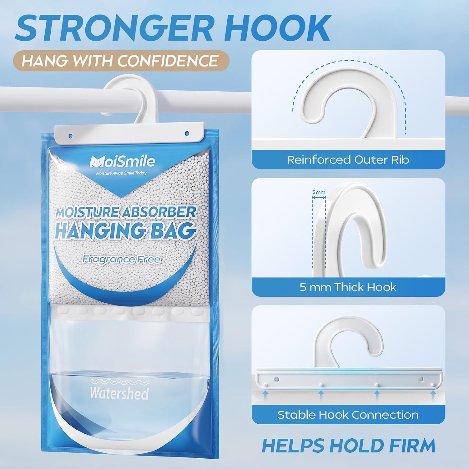 17.5 oz Large Capacity Hanging Moisture Absorber Bags, Unscented, 3 Pack