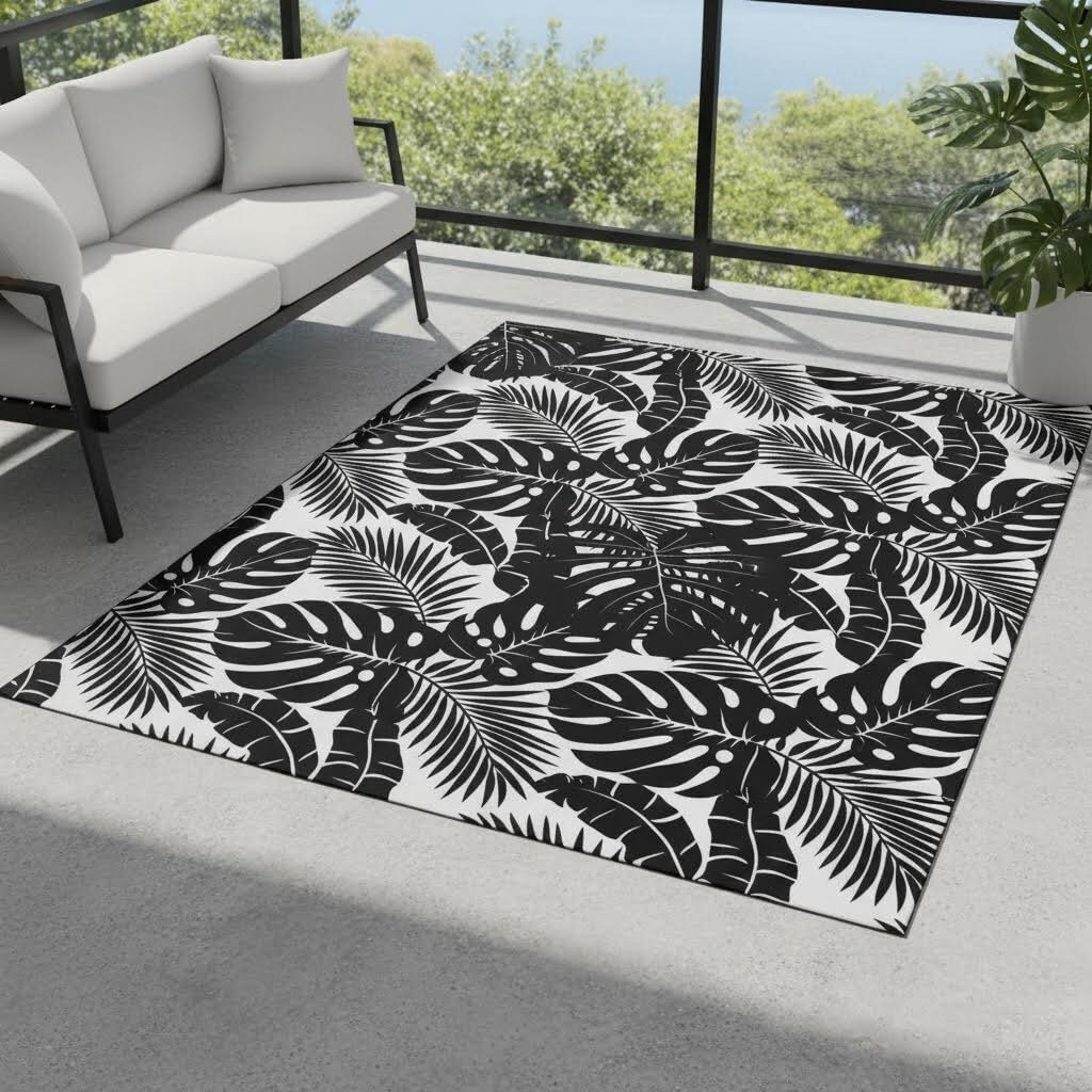 Vintage Abstract Aesthetics Black and White Rug 3x5 Monstera Palm Tree Tropical Rugs for Living Room Patio Porch Deck Camping Front Yard Outdoor Rug Non Shedding Easy Clean Balcony Carpets