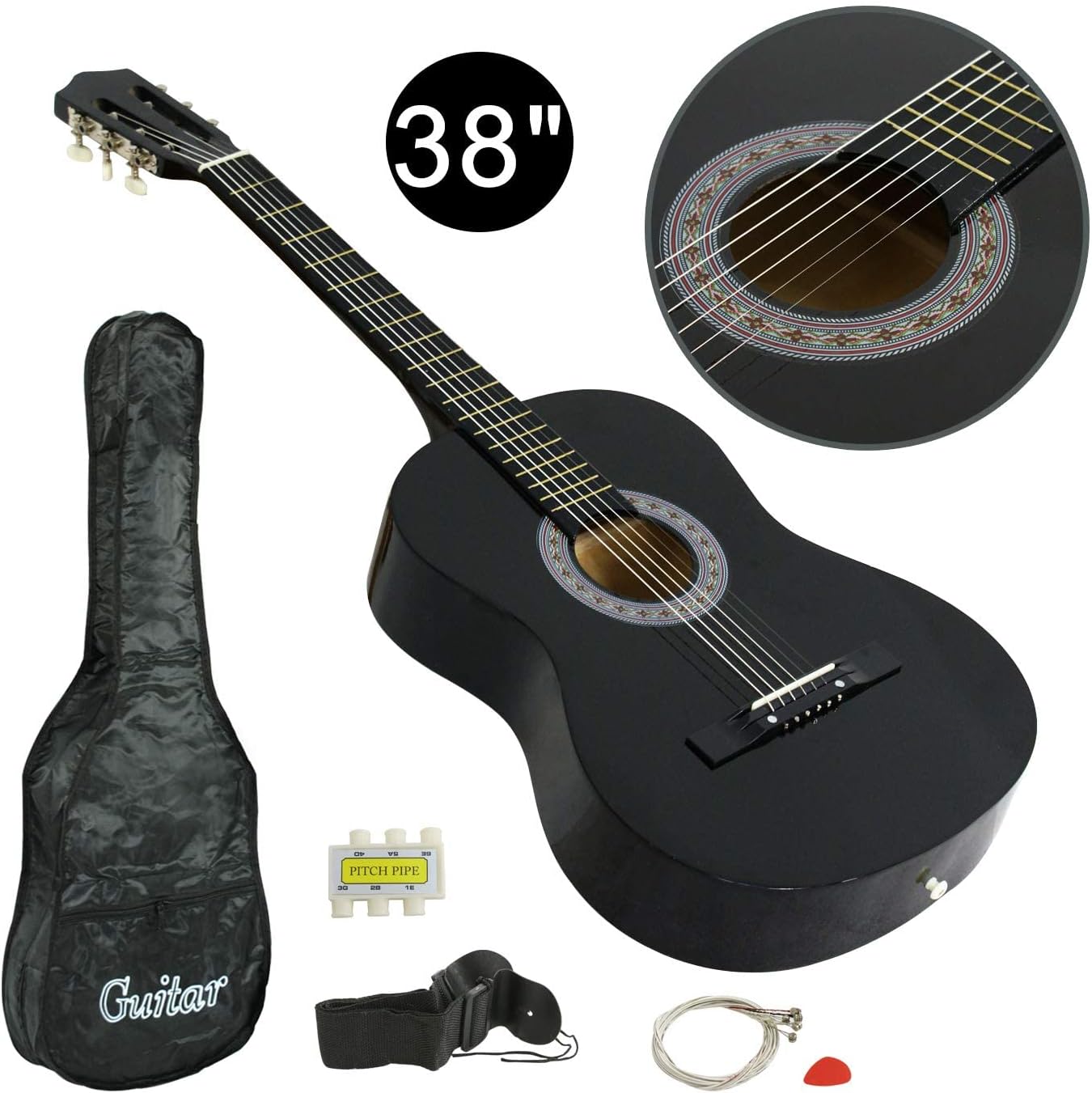 LEMY 38 inch Acoustic Guitar Beginner Set with Strap, Digital E-Tuner, Pick and Case for Right-handed Starters, Kids, Music Lovers (Black)