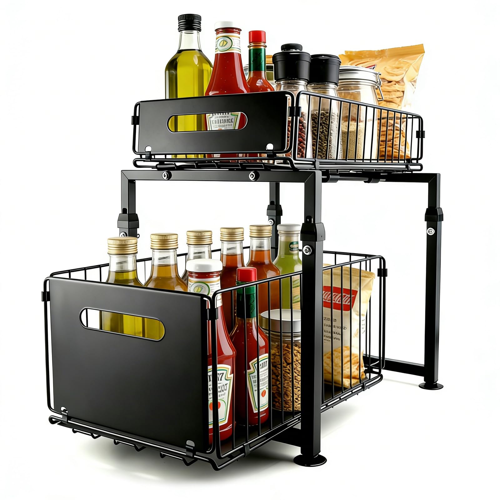 Organizer sotto il lavello a 2 ripiani con cassetto scorrevole estraibile, in metallo resistente, scaffale da cucina regolabile in altezza per bagno, scaffale salvaspazio (nero)