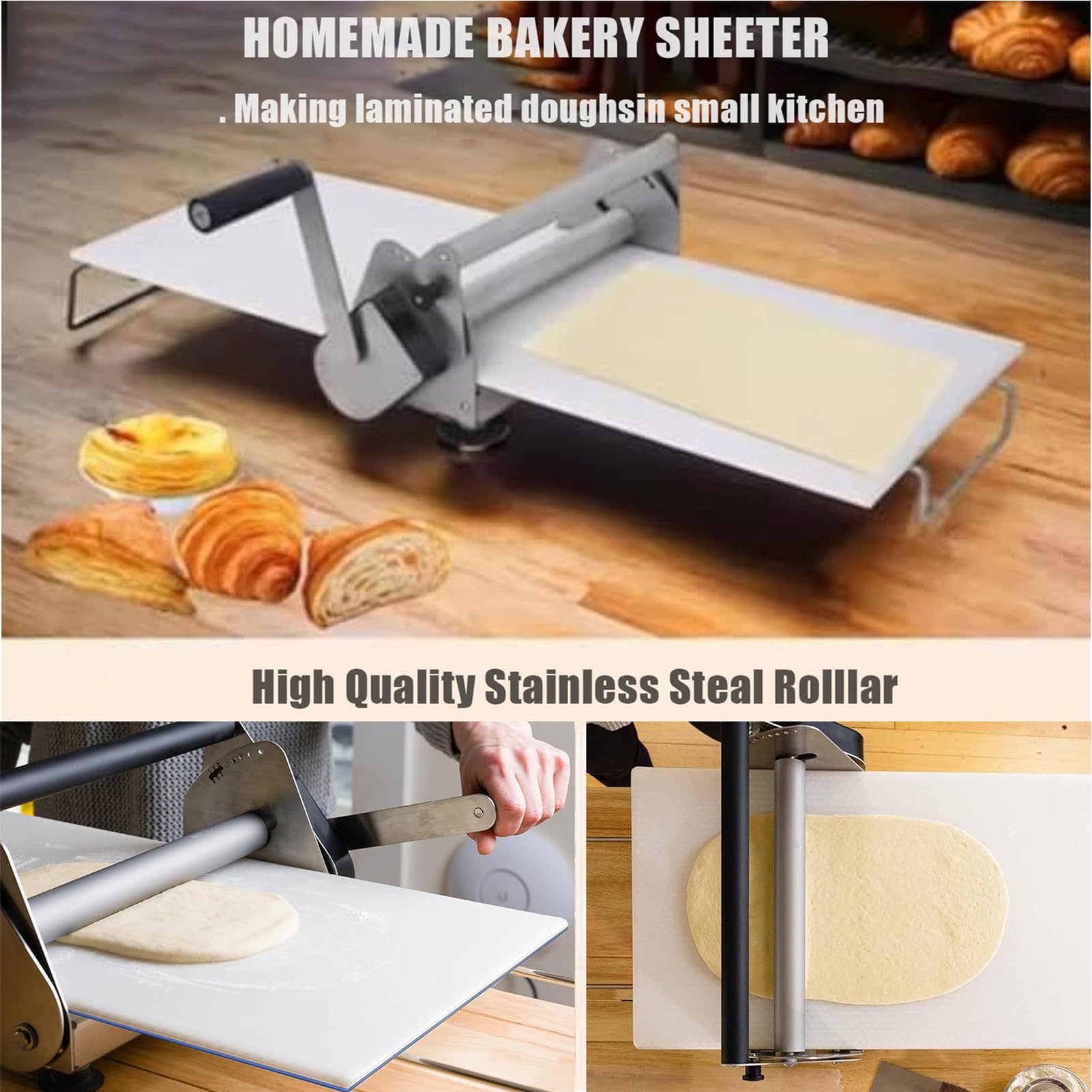 Espátula manual de acero inoxidable para encimera, máquina compacta para uso doméstico, plegable para un fácil almacenamiento, perfecta para croissants y hojaldre.